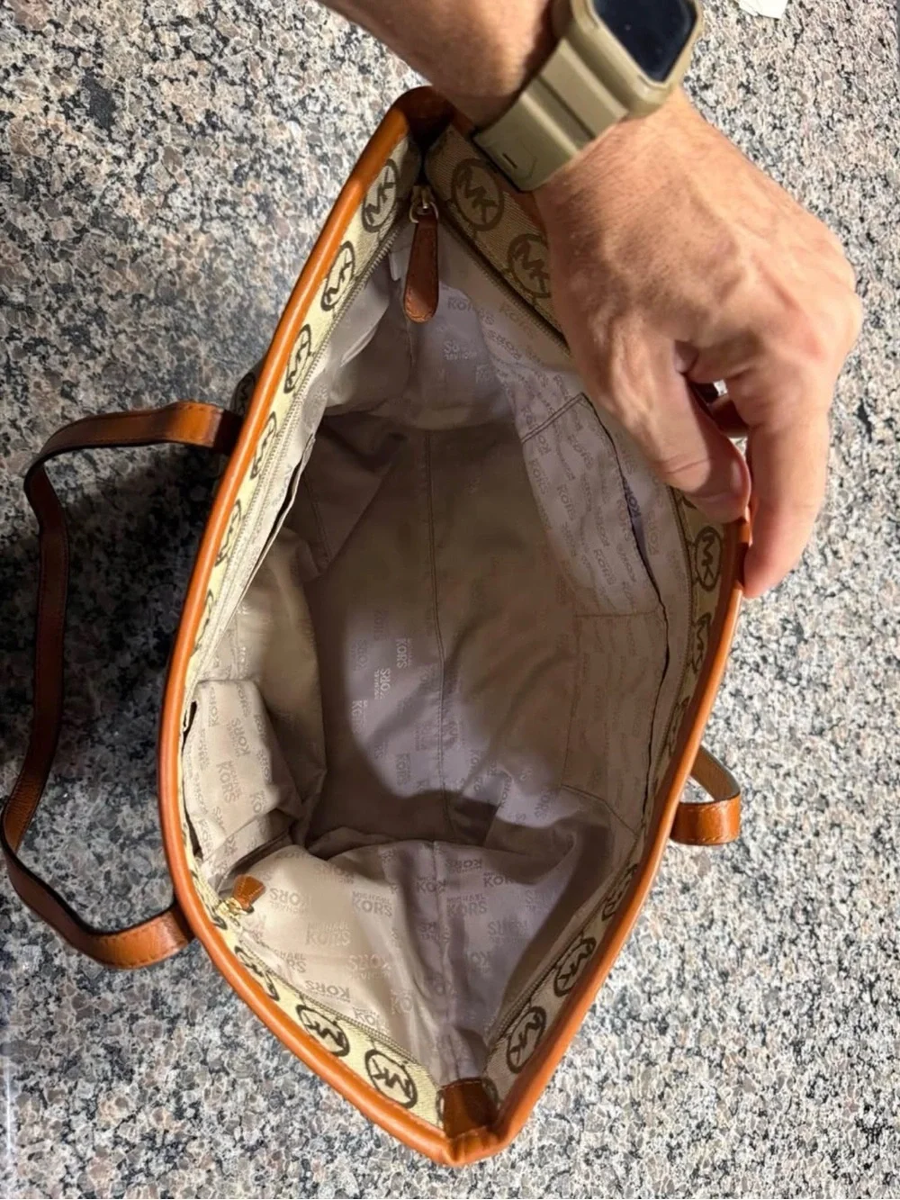 Michael Kors Beige Signature Tote with Tan Leather Handles